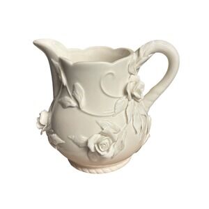 Godinger Antique Reflections Cream Ceramic Rose Pitcher 3D Floral Victorian Shab